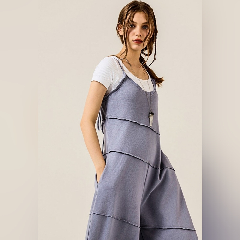 124 | Spring Lake Blue Wide Leg Raw-Edge Jumpsuit